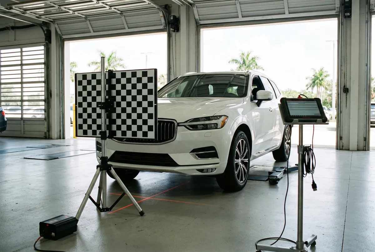 SUV lined up with a camera calibration target in a service bay