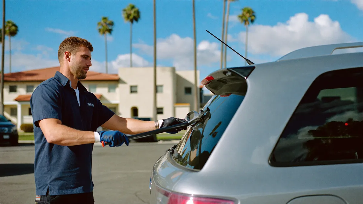 Mobile auto glass technician working on an SUV in a parking lot